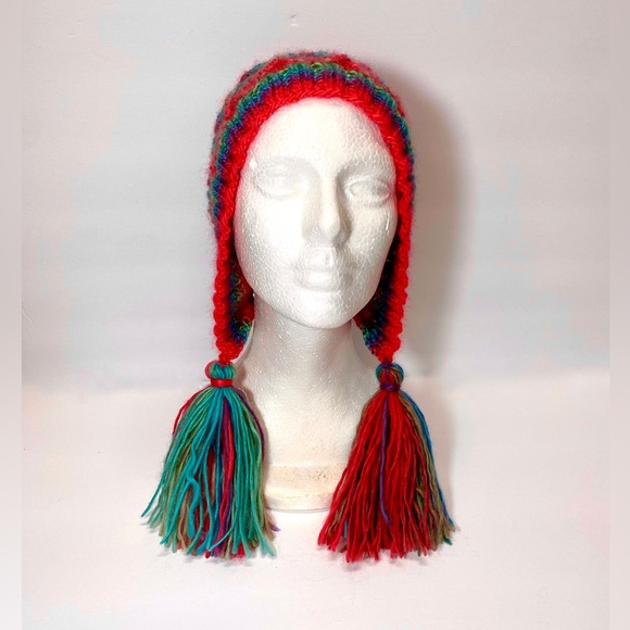 HAND KNIT Brightly Color Stripe Fun Bonnet Beanie with Tassels, Fun Cabled Hat - Picture 2 of 10
